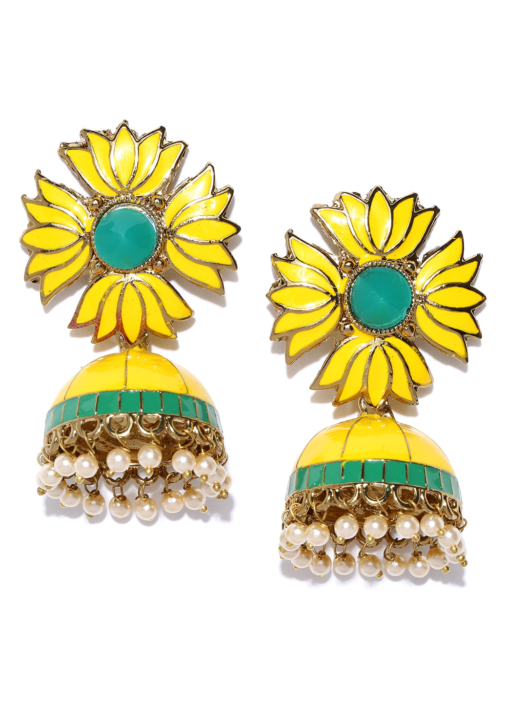 Buy Green Earrings, Yellow Dresses, Gold Clutches, Gold Rings, Gold Rings,  Blue Rings with Brown Sunglasses Scrapbook Look by Pooja